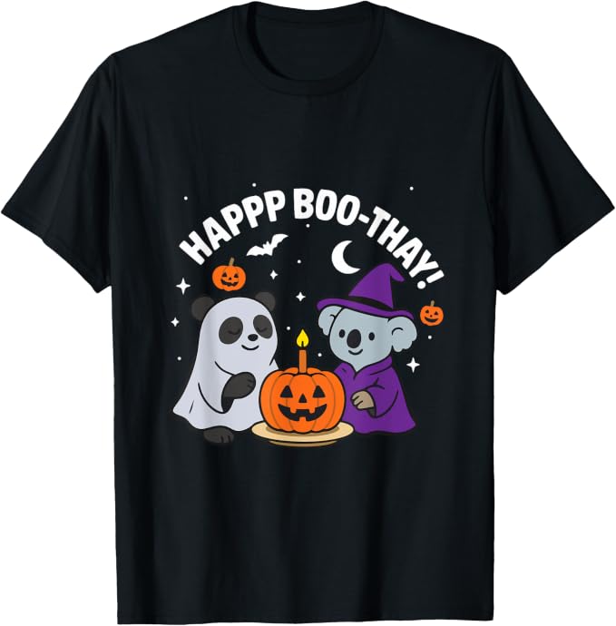 Funny Panda and Koala Bear celebrating Halloween Birthday