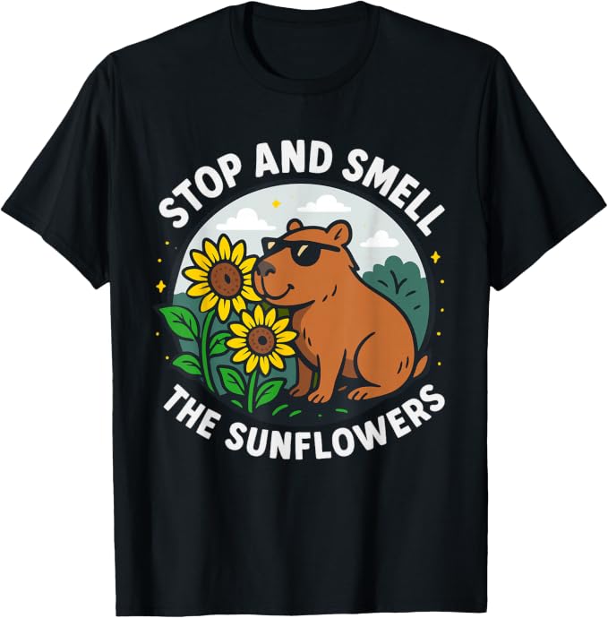 Happy Capybara Stop and Smell The Sunflowers